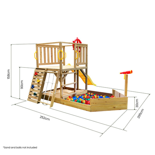 Rovo Kids Boat-Shaped Wooden Sand Pit Tower with Slide and Climbing Wall