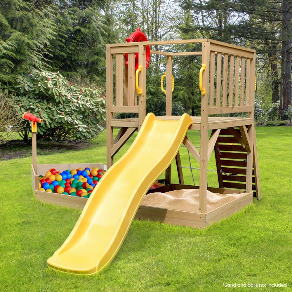 Rovo Kids Boat-Shaped Wooden Sand Pit Tower with Slide and Climbing Wall