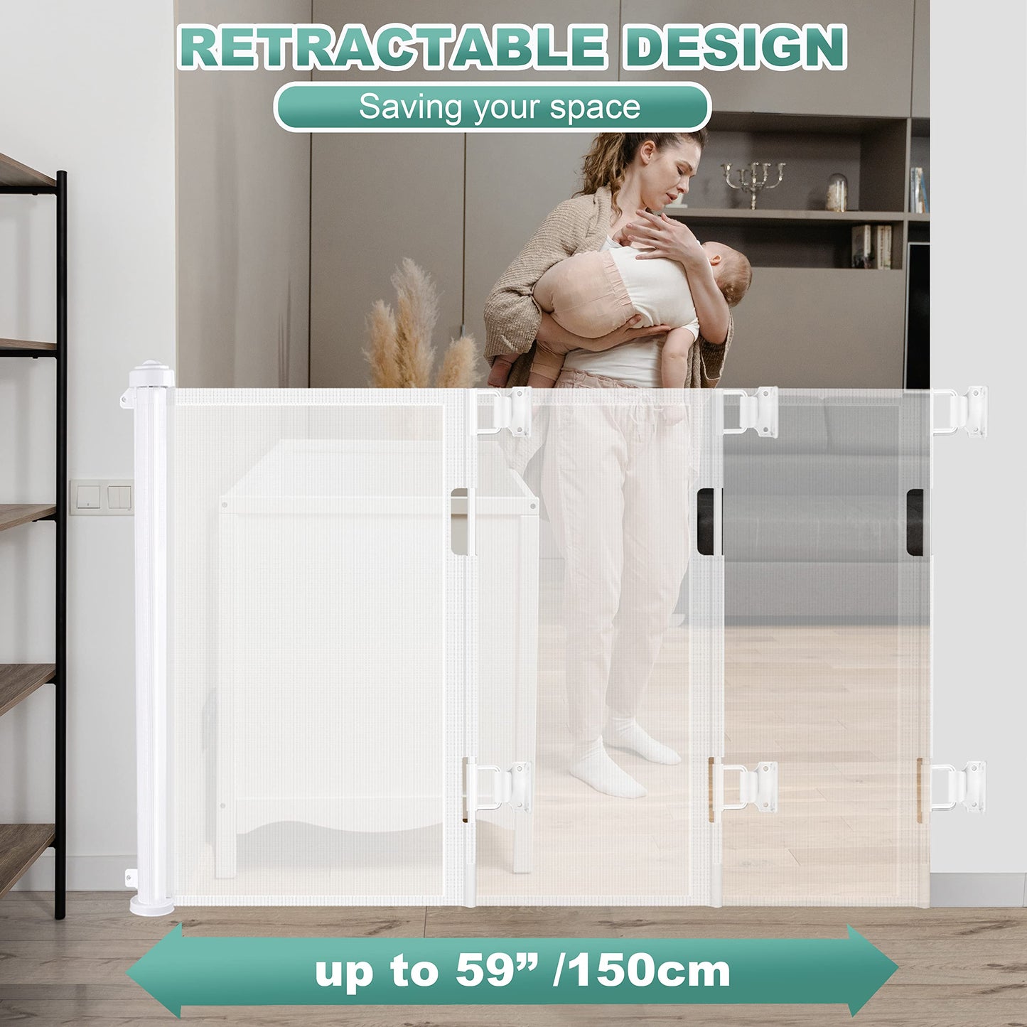 Retractable 1.5M Doorways Hallways Stairs Baby Gate Dog Pet Gate Indoor Outdoor Safety Gates White