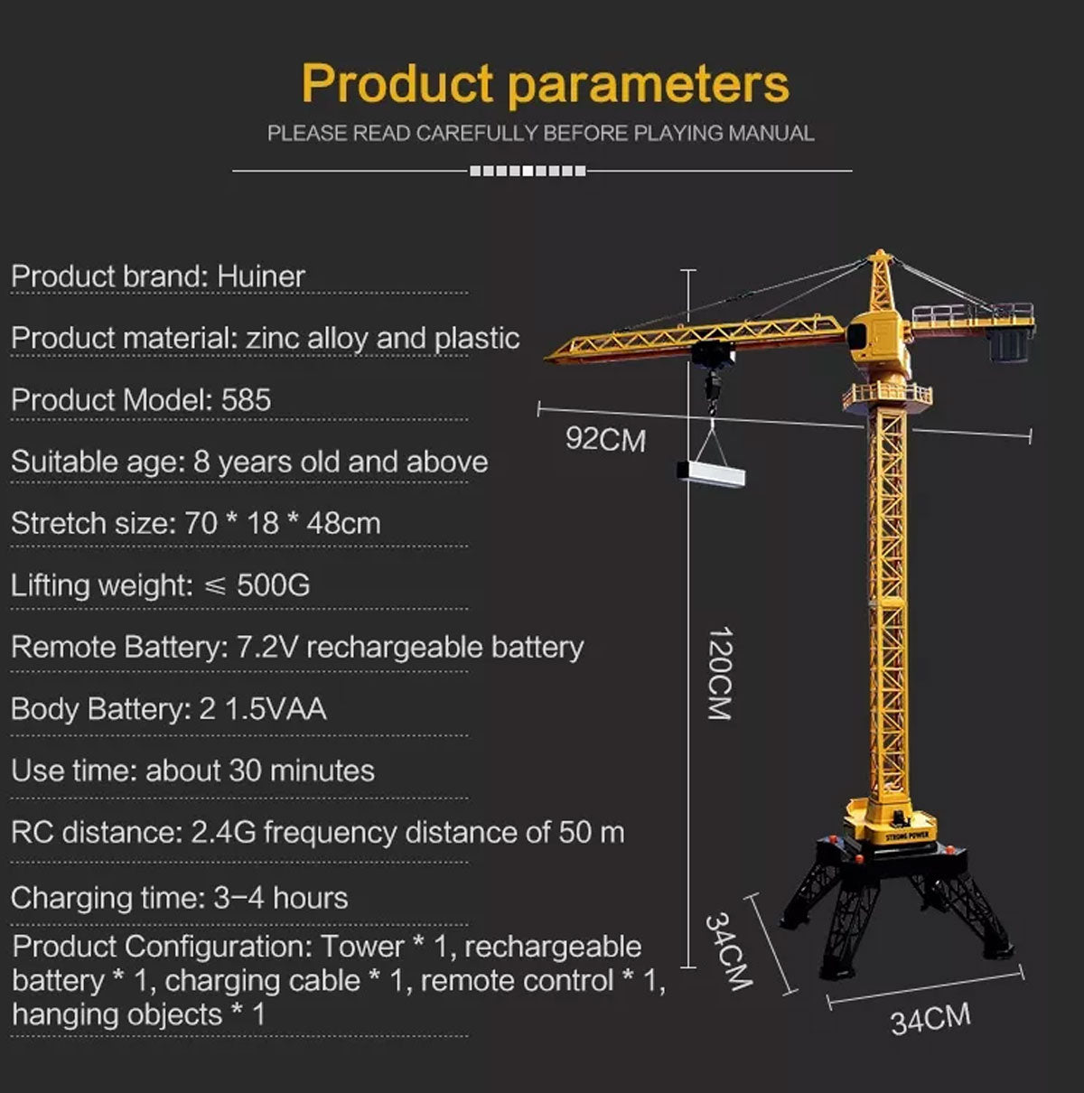 HUINA 1/14 12CH RC Alloy Tower Crane Engineering Construction Vehicle Toy Kids Car