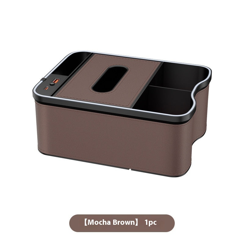 Mocha Brown Car Armrest Storage Box with LED Ambient Light - Multifunctional Tissue Holder & Organizer for Car Interior