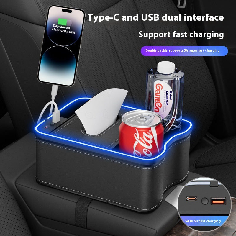 Mocha Brown Car Armrest Storage Box with LED Ambient Light - Multifunctional Tissue Holder & Organizer for Car Interior