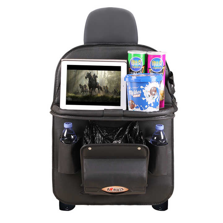 Black Leather Car Backseat Organizer with Foldable Tray Table & Trash Bag - Multi-functional Car Storage Solution