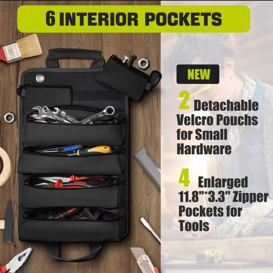 Car Tool Roll-Up Bag, Portable Electrician & Woodworking Tool Organizer, Multi-Pocket Storage