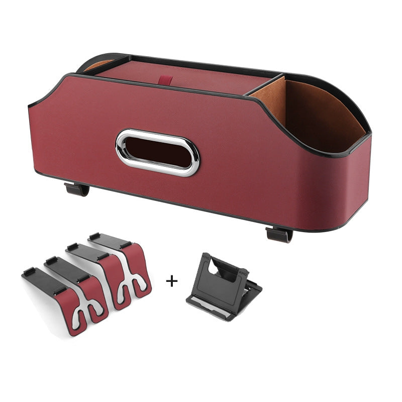 Wine Red Car Seat Back Organizer - Multi-Function Storage Box with Tissue Holder, Cup Holder, and Phone Mount