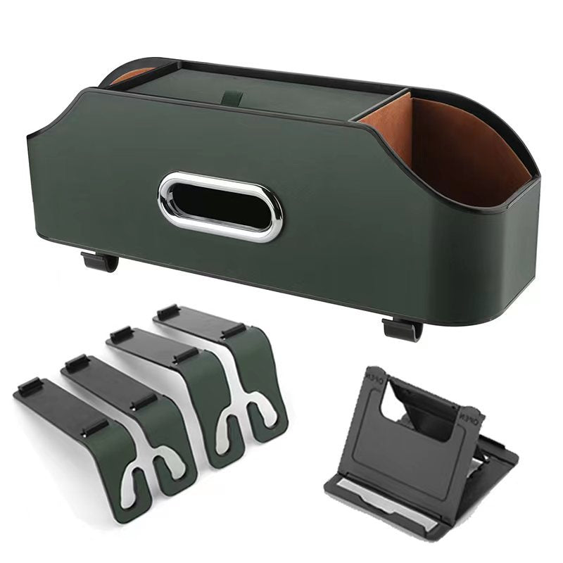 Green Car Seat Back Organizer - Multi-Function Storage Box with Tissue Holder, Cup Holder, and Phone Mount