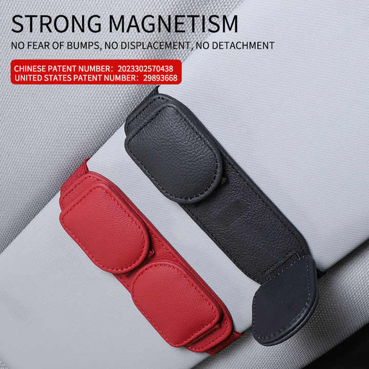 2 Pcs Grey Magnetic Leather Car Sunglasses Clip - Dual-Use Multifunctional Card Holder, Premium Cowhide