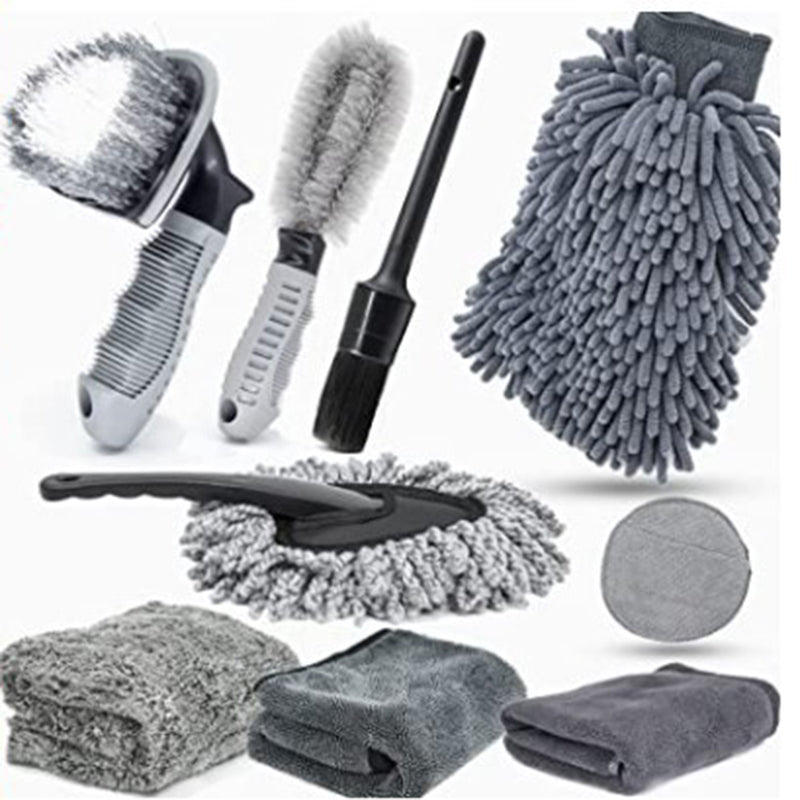 Type B 9-Piece Car Wash Tool Kit - Tire & Wheel Brushes, Wash Mitt, Microfiber Towels, and Wax Sponge Set