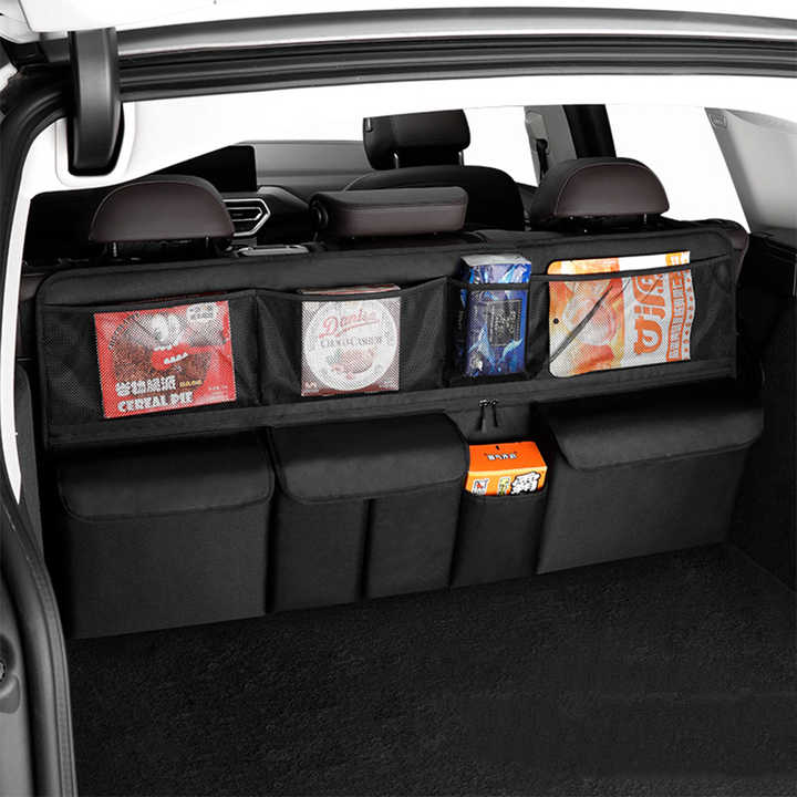 Grey Car Trunk Storage Bag - Large Capacity Oxford Cloth Multi-Purpose Hanging Organizer with Mesh Pockets and Backseat Storage