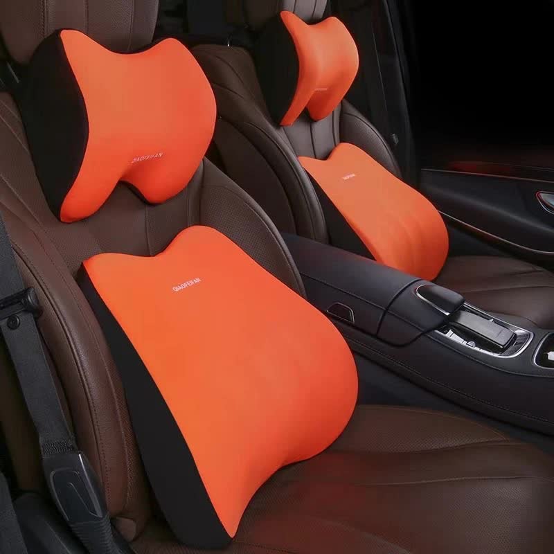 Orange Memory Foam Car Seat Neck and Lumbar Support Set - Ergonomic Cushion for Office, Home, and Driving