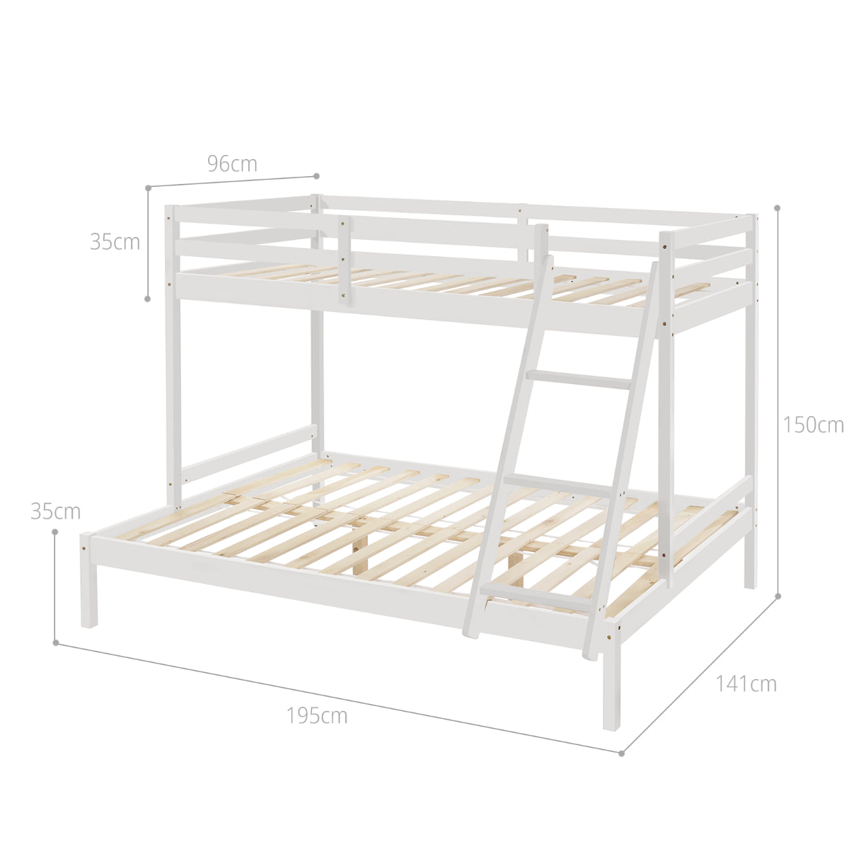 Solid Timber Triple Bunk Bed Single over Double White